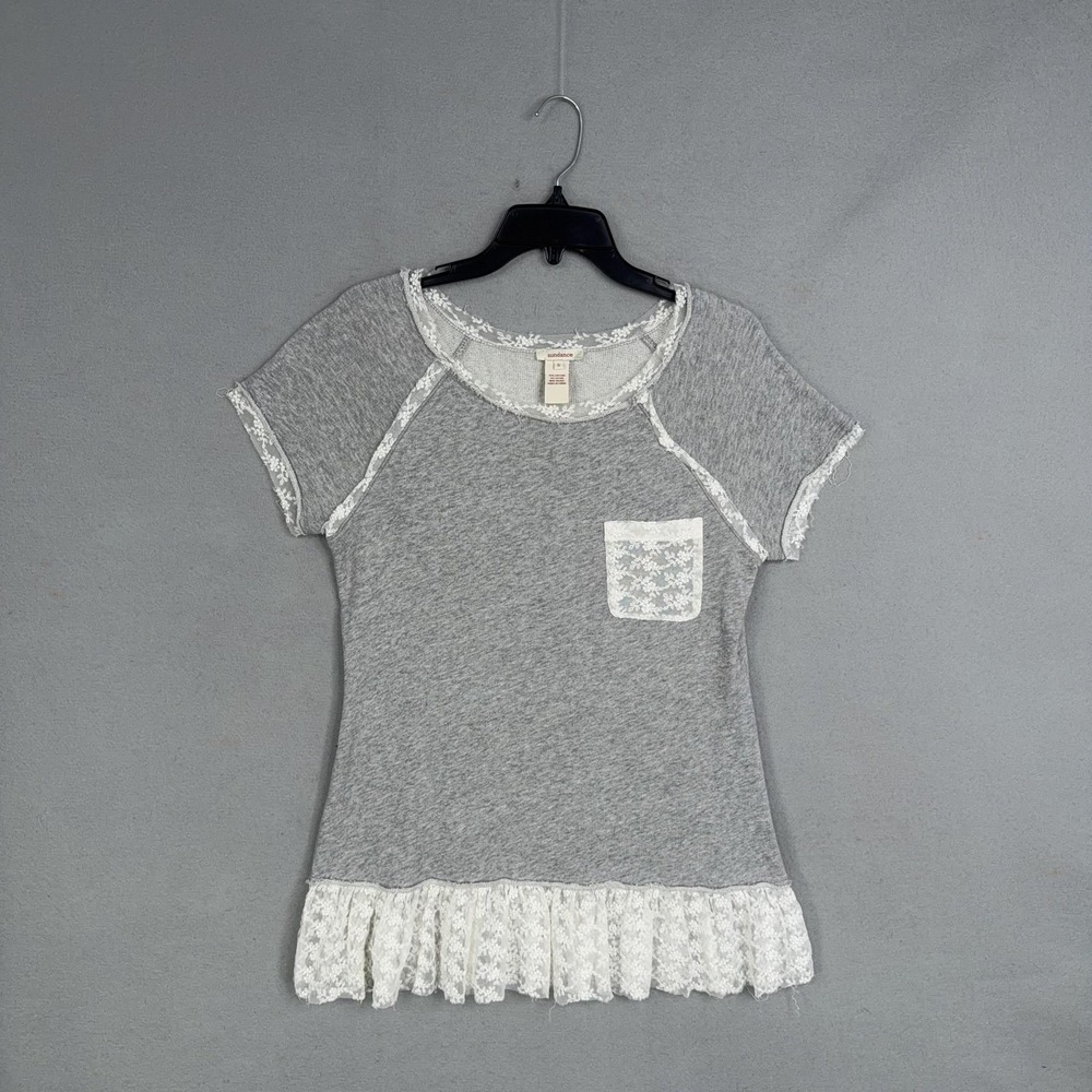 Sundance Shirt Womens Small Gray Floral Lace Trim Pocket Ruffle Hem Jersey Top